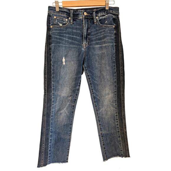 J Crew Vintage Straight Jeans, Dark Denim Side Panel, Frayed Hem, Sz 28 - Picture 1 of 10